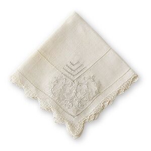 Antique Midcentury Off White Linen Floral Scallop Lace Embroidered Handkerchief